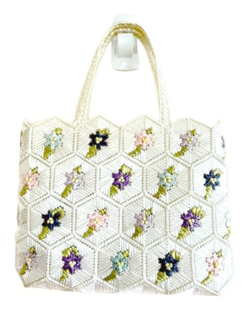 Ivory Woven Raffia Floral Embroidered Handbag Cottagecore Tote